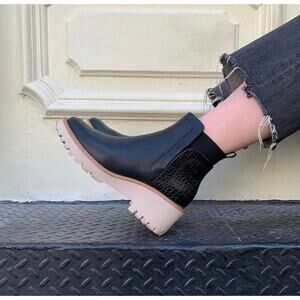 Dolce Vita Huey H2O Black Croc Embossed Boots Tan Lug Sole Chunky Block Heel